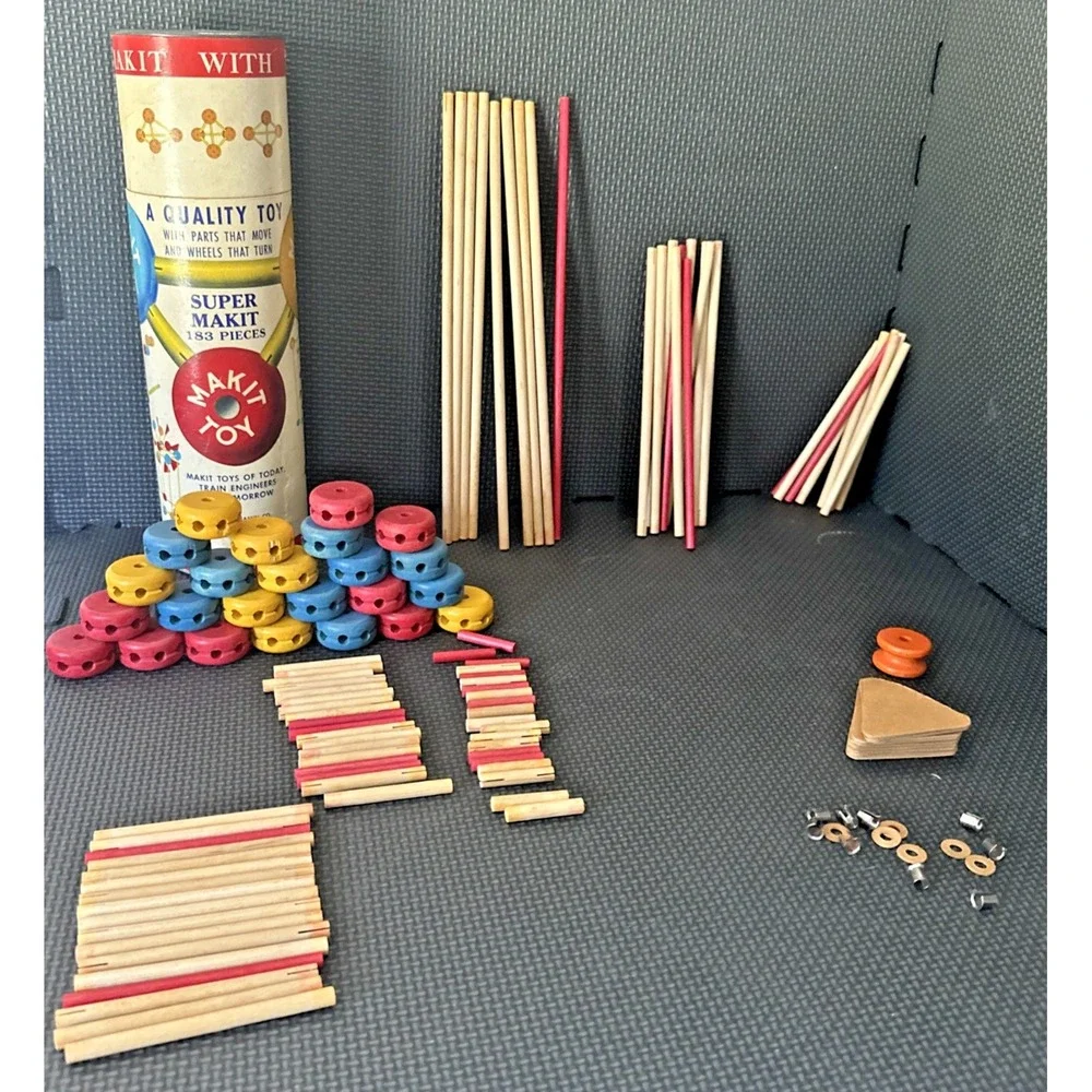 Vintage Makit Build Toy 90+ Pieces with Canister